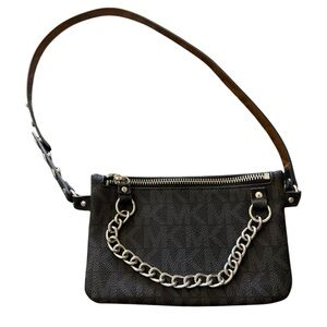 Michael Kors Signature faux leather black & gray belt bag with a silver chain